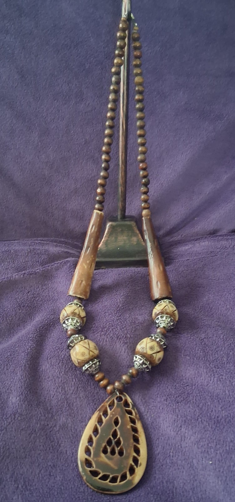 Vintage Tribal Artisan Batik Bovine Bone & Carved Horn Statement Necklace