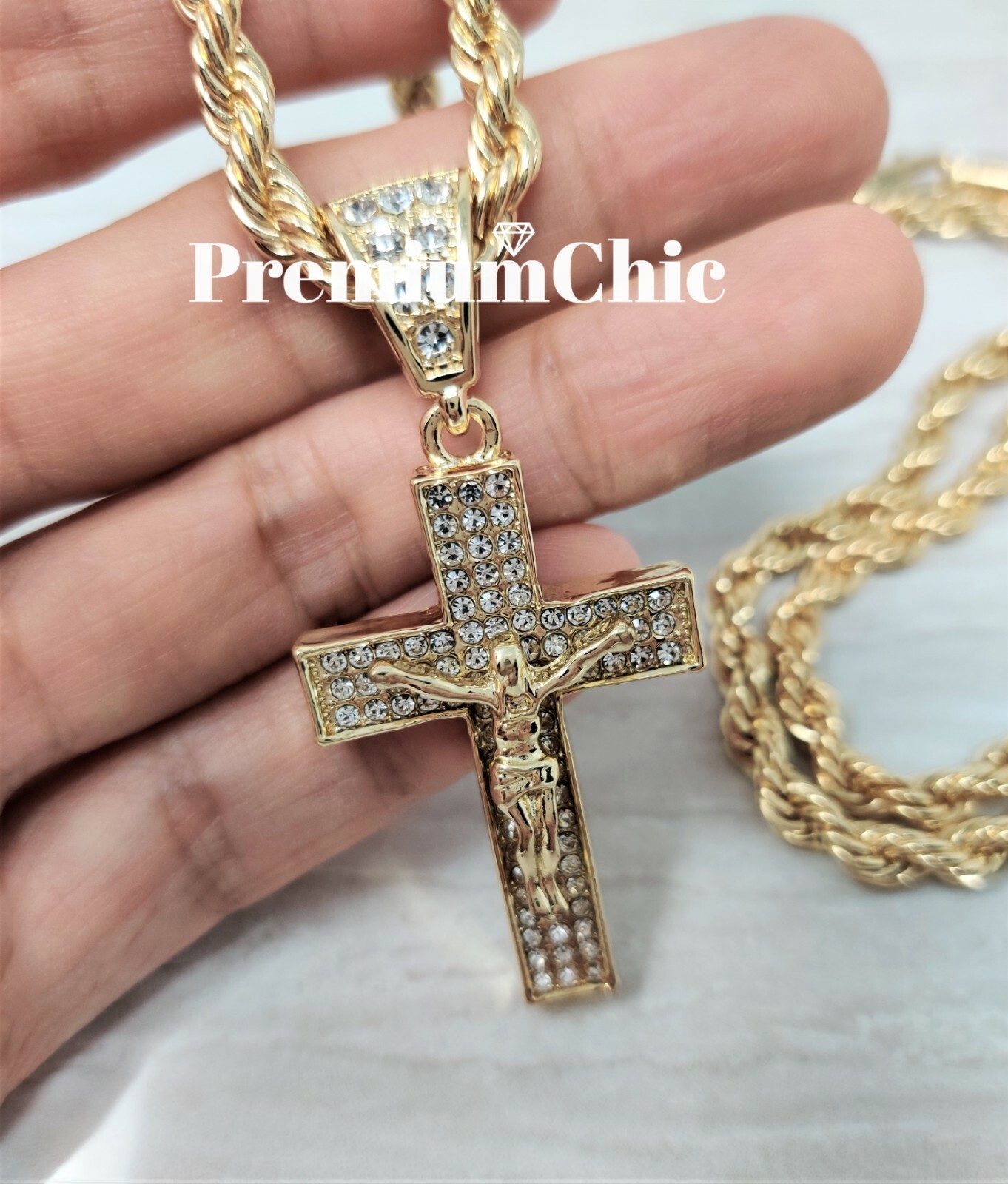 ICED Jesus Cross Pendant Necklace Choker with Rope Chain Mens Plated CZ Jewelry