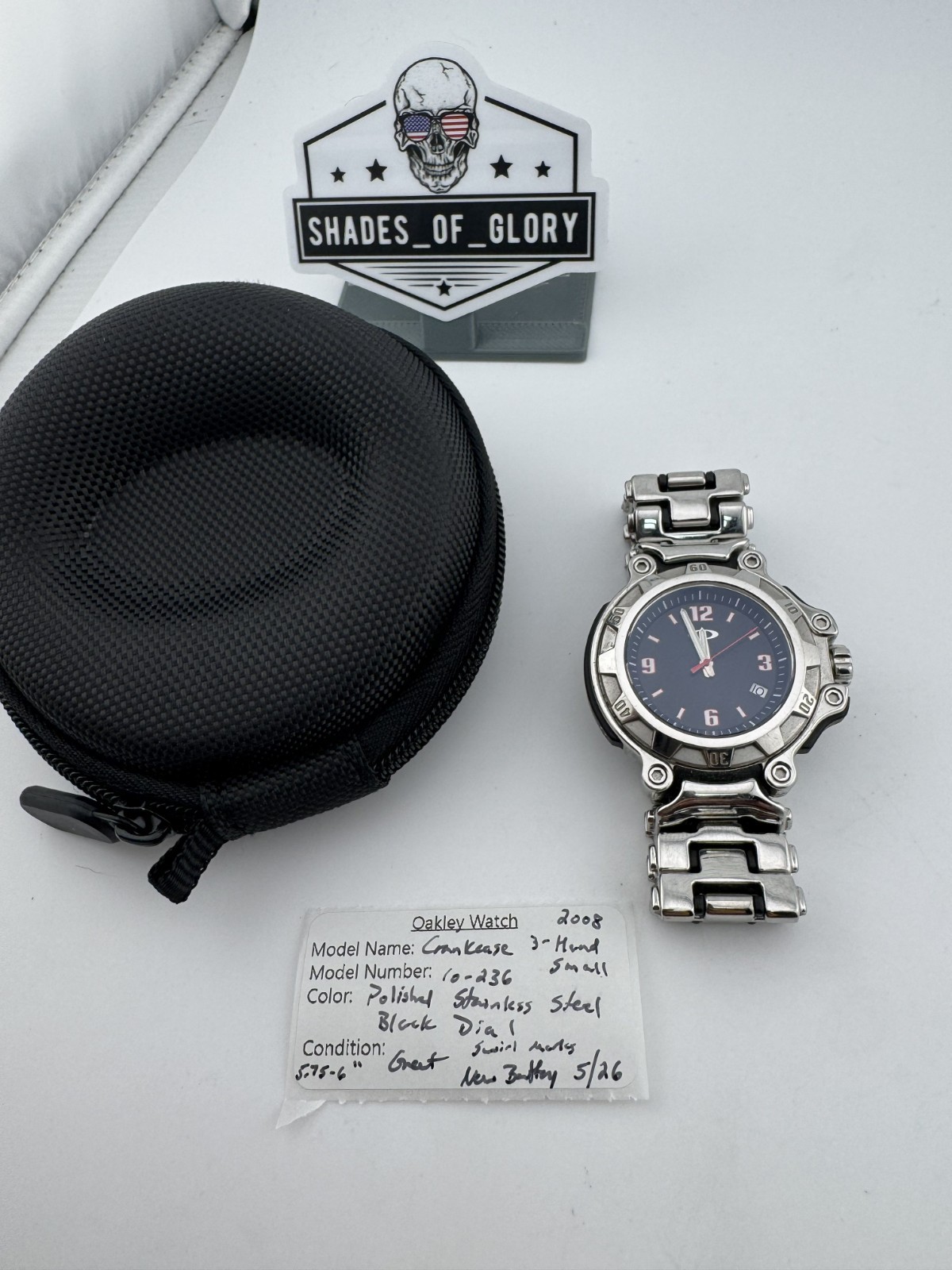OAKLEY CRANKCASE 3-HAND SMALL WATCH POLISHED STAINLESS BRACELET BLACK 10-243