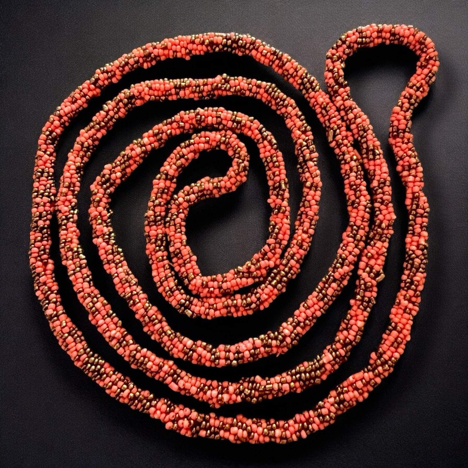 Art Deco Sautoir Necklace Coral Black Glass Bead Crocheted 1920s Flapper