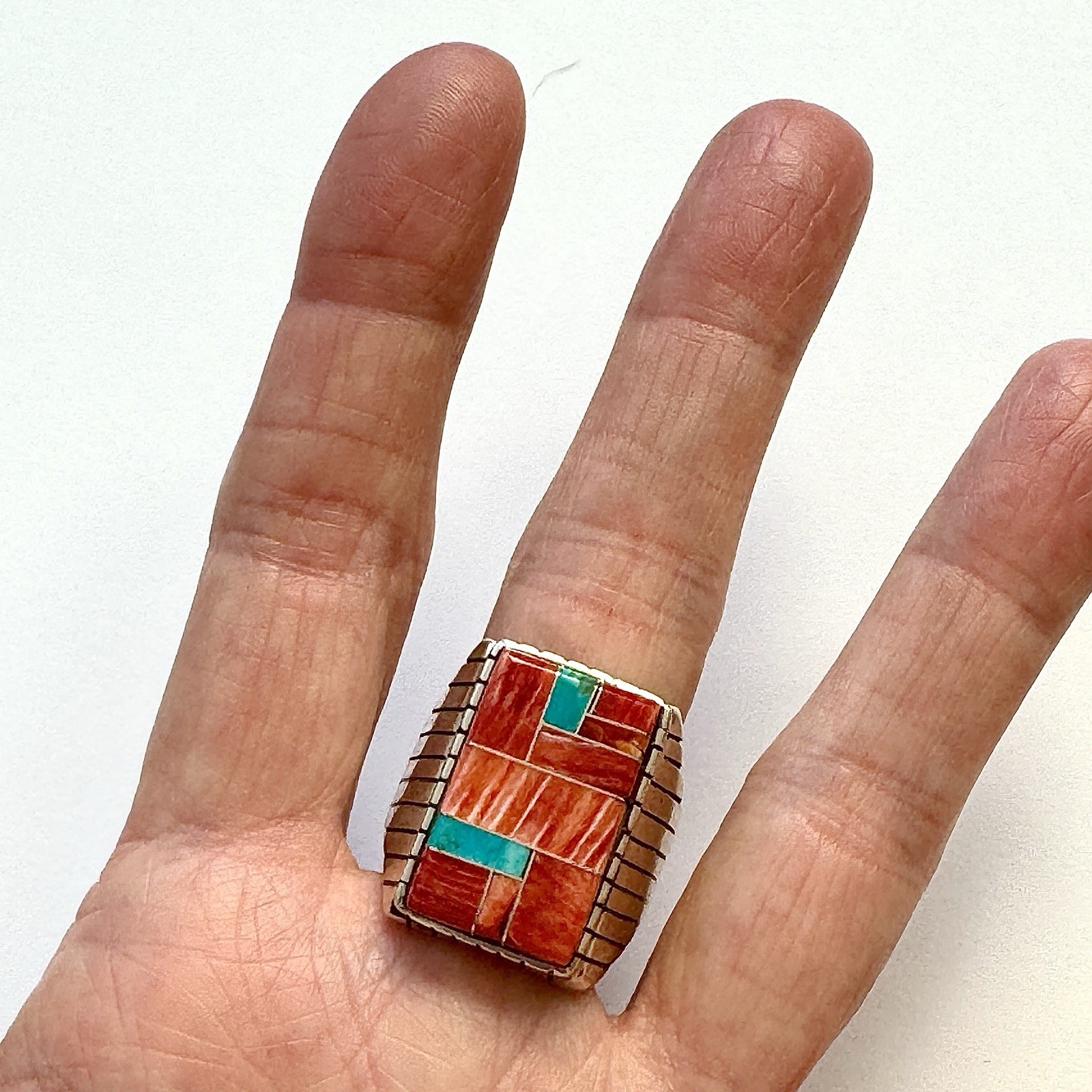 Turquoise Multi Stone Inlay Mens Ring Sz 12.5 Navajo Sterling Signed T Jack 22mm