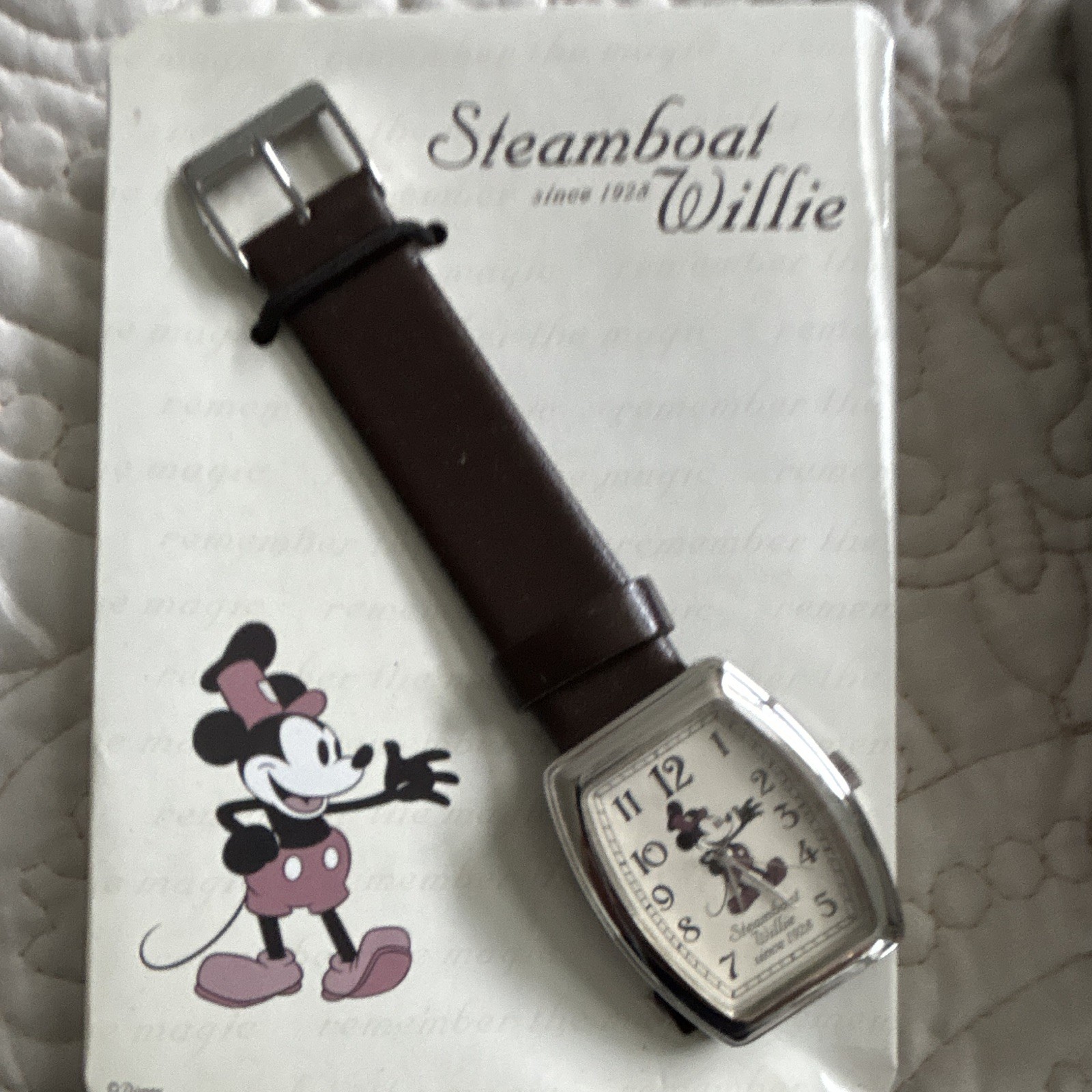 Disney Steamboat Willie Quartz Analog White Dial Silver Case Brown Leather