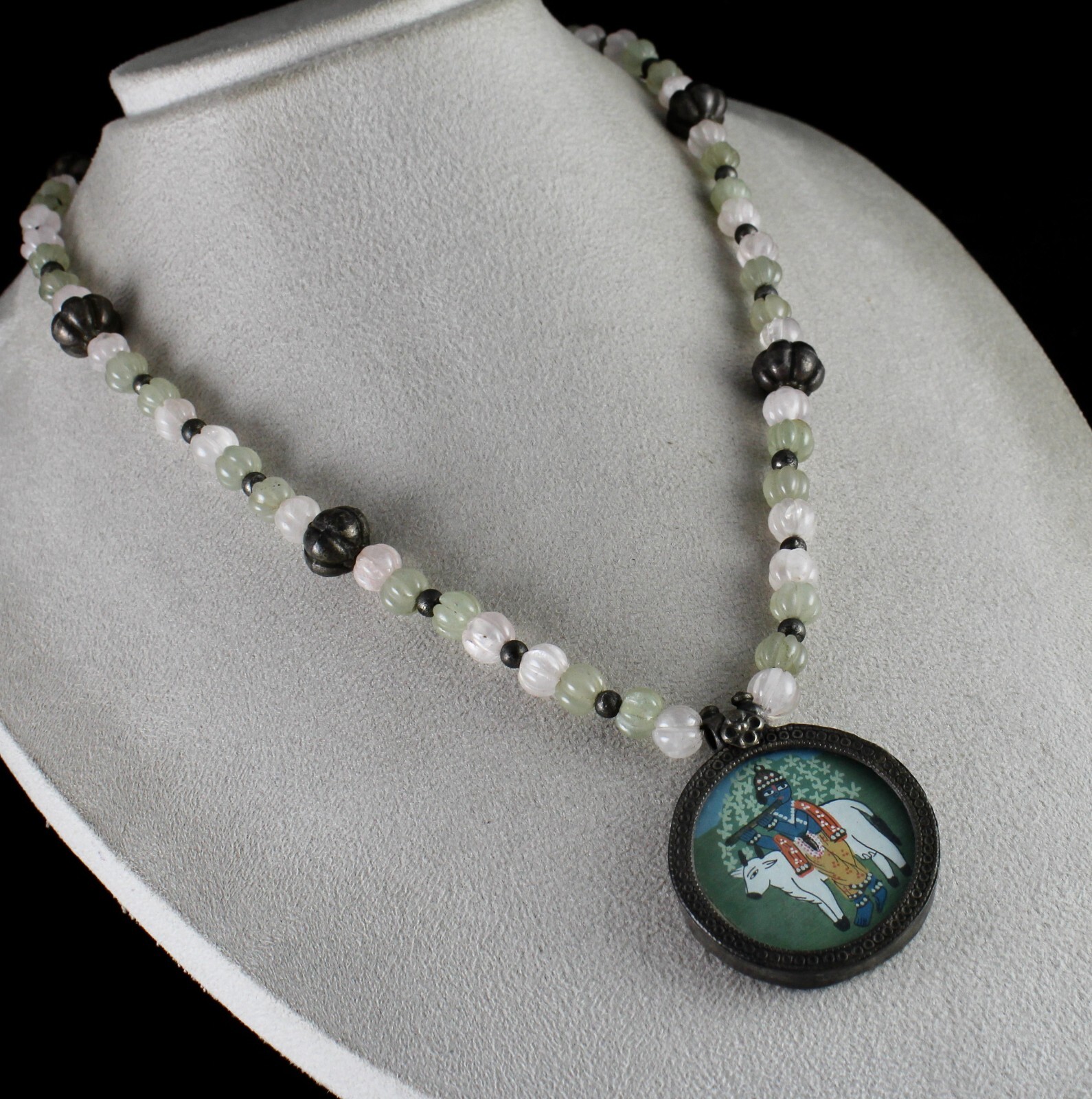 Sterling Silver Krishna Painting Pendant Rose Quartz 383ct Jade Necklace