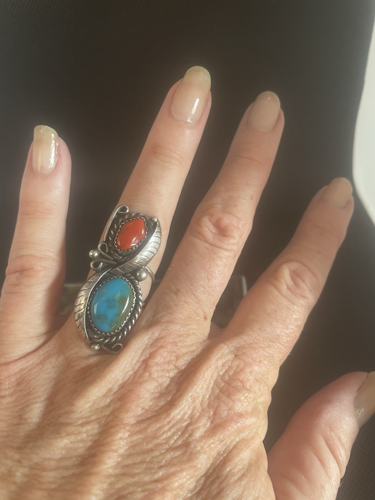 Signed Vintage Native American Bisbee And Coral Silver Ring