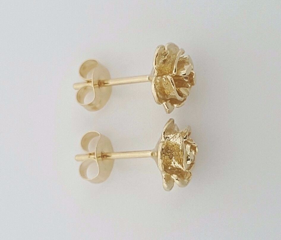 14k Solid Yellow Gold Rose Flower Stud Earrings Push Back 7 MM