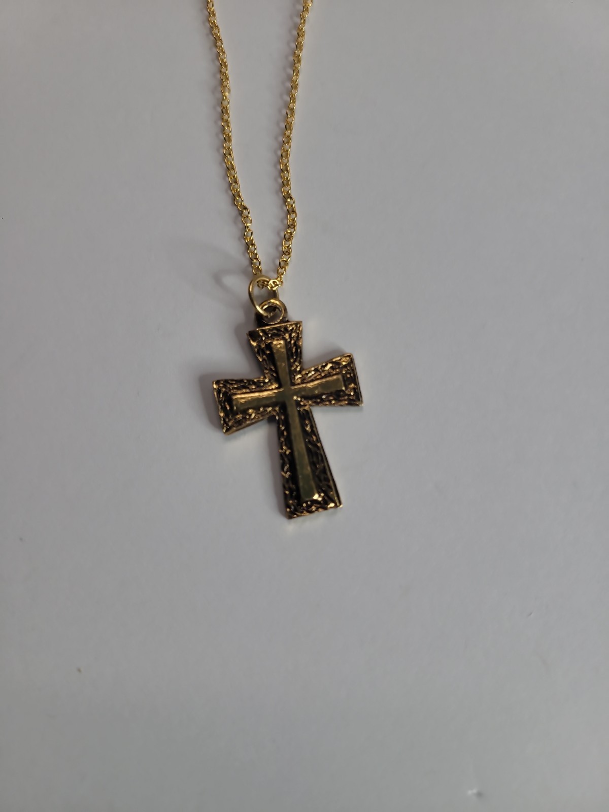 Gold Tone Textured Cross Pendant Necklace Religious Christian Jewelry