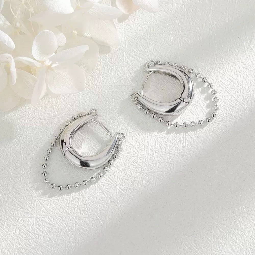 925 Silver Ball Chain Huggie Hoop Earrings Dainty Chunky Chain Drop Hoop D34