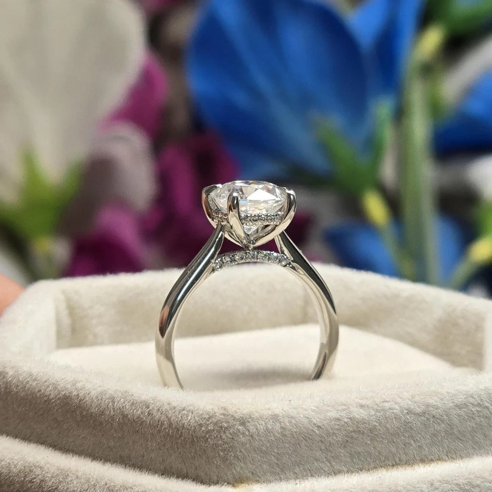 2CT Cushion-Cut Moissanite Hidden Halo Engagement Ring 14K White Gold Plated