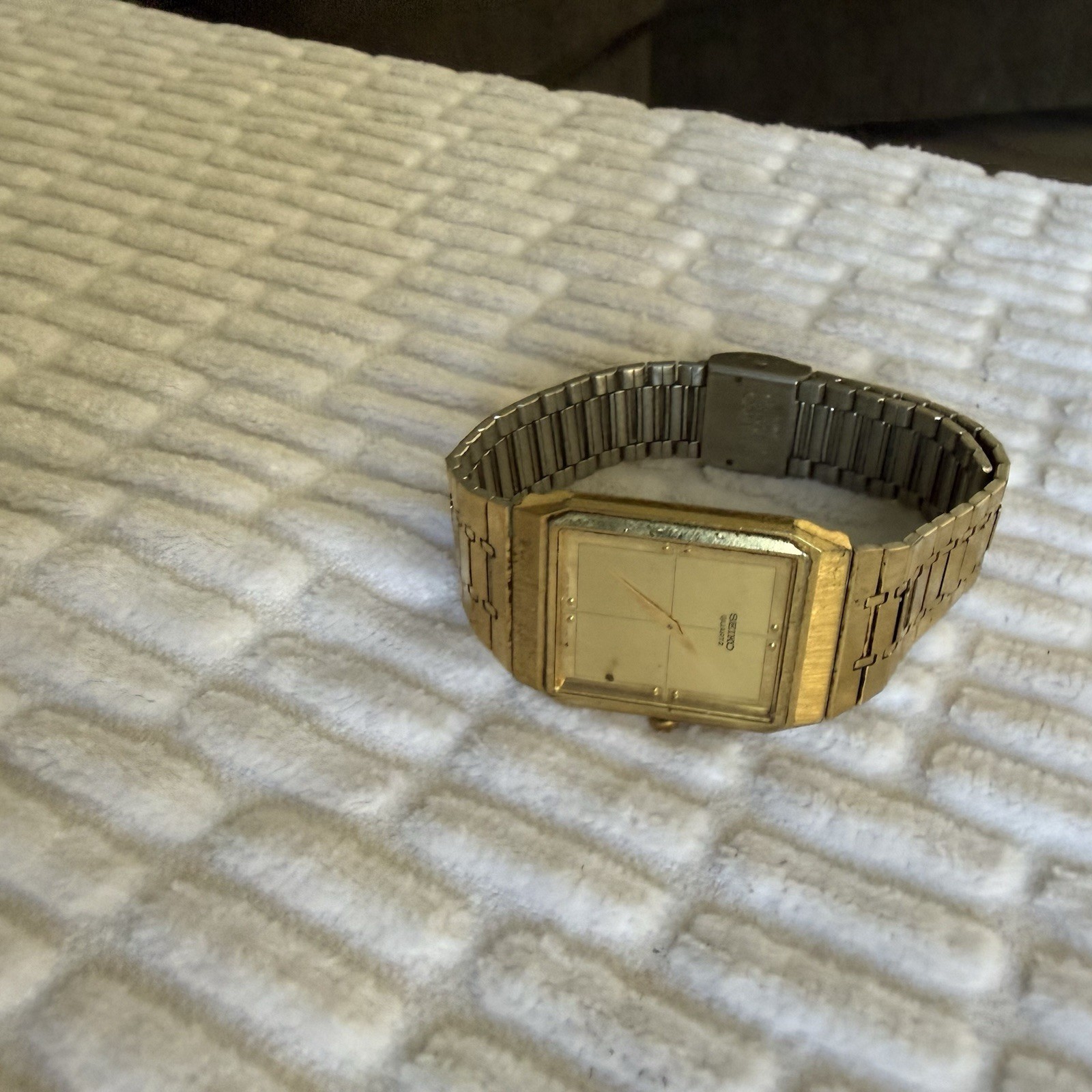 Seiko Quartz Rectangular Dress Watch Gold Dial Stick, Gold/Silver Bracelet