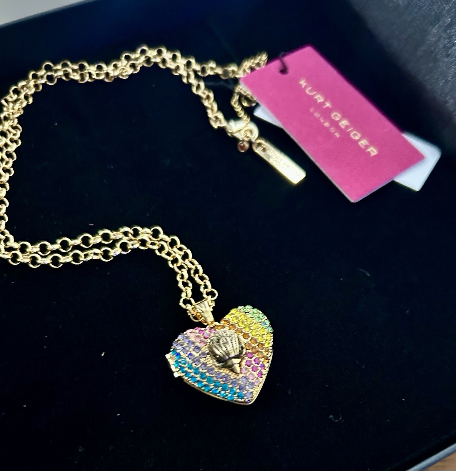 Kurt Geiger Heart Charm Locket Pendant Necklace Multicolor Pavé Crystal Gold