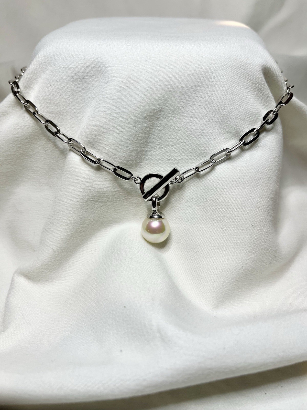 925 Sterling Silver Paperclip Chain Toggle Clasp Pearl Pendant Necklace Charm