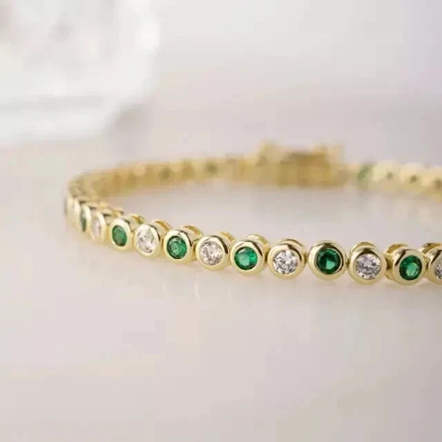14K Yellow Gold Plated 4.00CT Round Cut Natural Green Emerald Tennis Bracelet