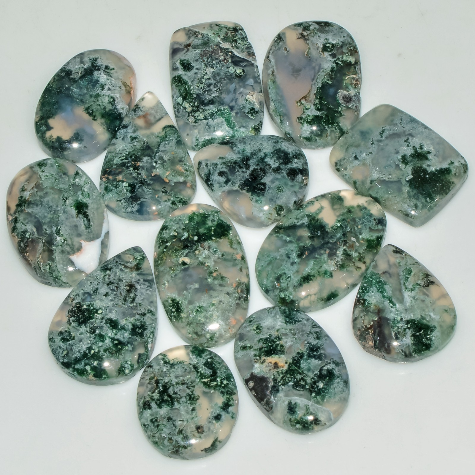 13 Pcs 189 Cts Natural Green Moss Agate Cabochon Gemstone 24×13 16x14mm #18216