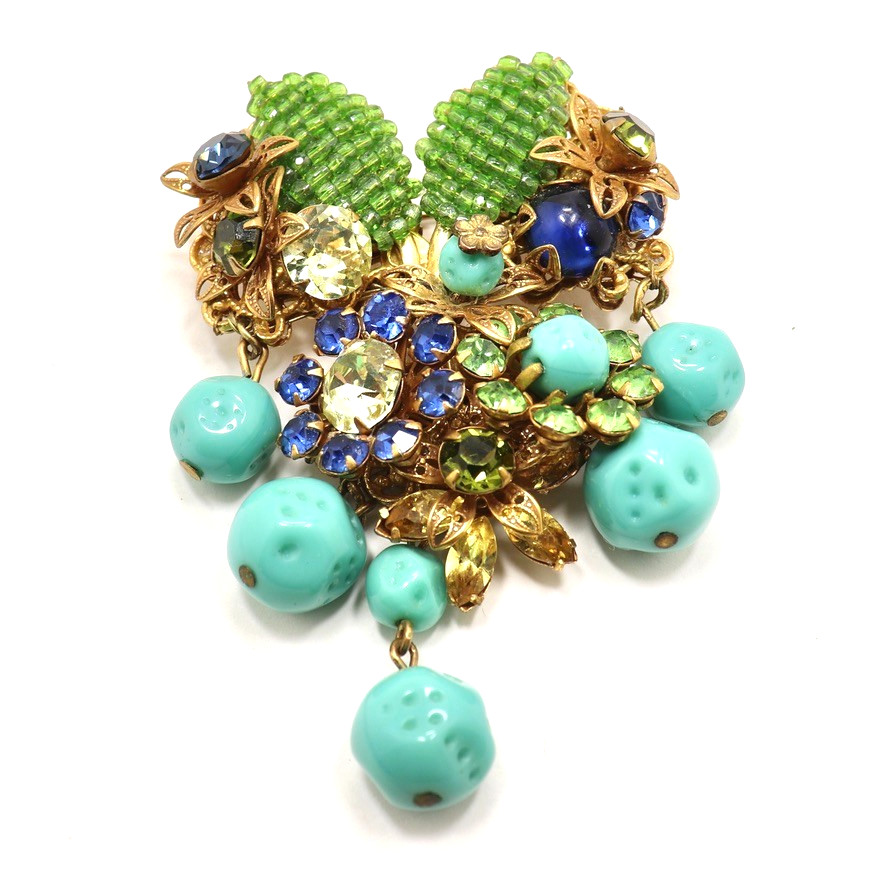 VINTAGE AMOURELLE FRANK HESS FLORAL BEADED DANGLING BROOCH