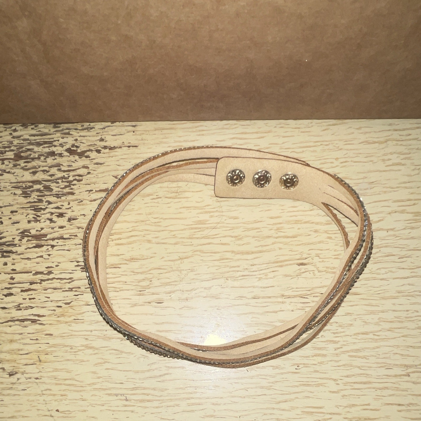 Beige Faux Leather Wrap Beaded Bracelet Snap Closure Clear Crystal Rhinestones