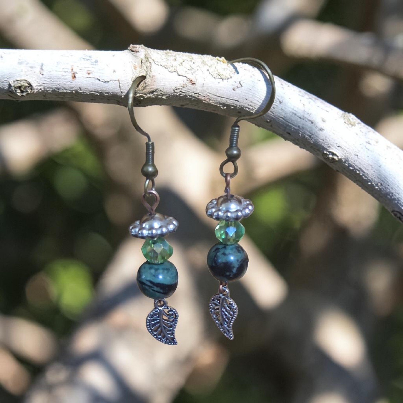 Glass Beaded Dangle Drop Hook Earrings Leaf Charm Blue Green Nickel-Free