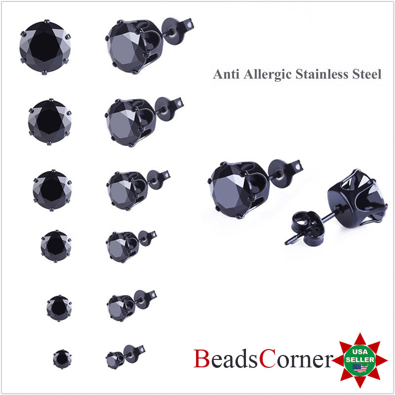 Surgical 316L Stainless Steel Stud Earrings Cubic Zircon Black Men Women 2PC