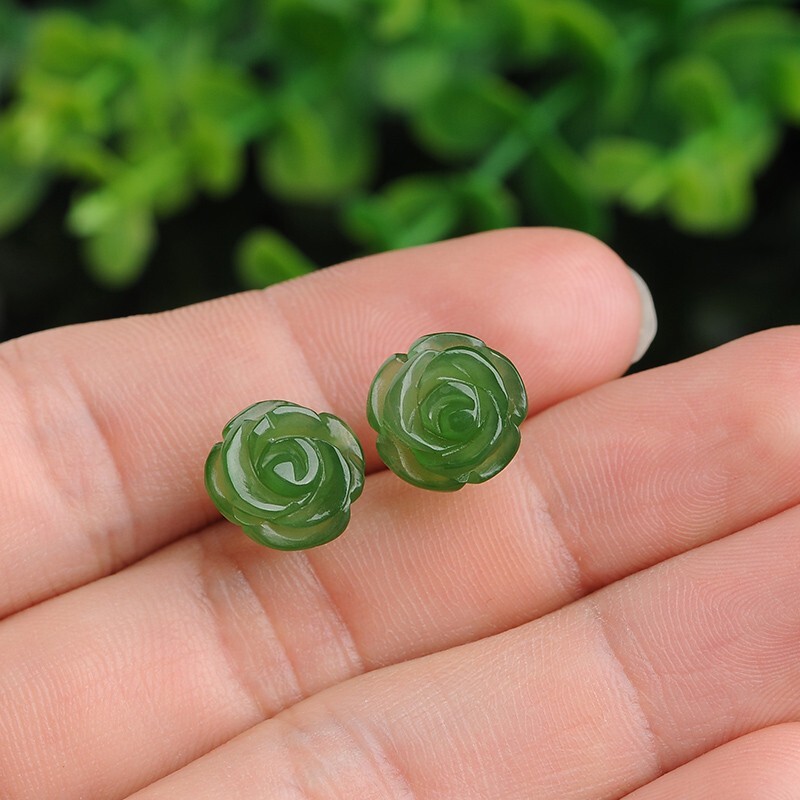 Hand Carved Green Jade Rose Flower Floral Healing Dainty Stud Earrings for Women