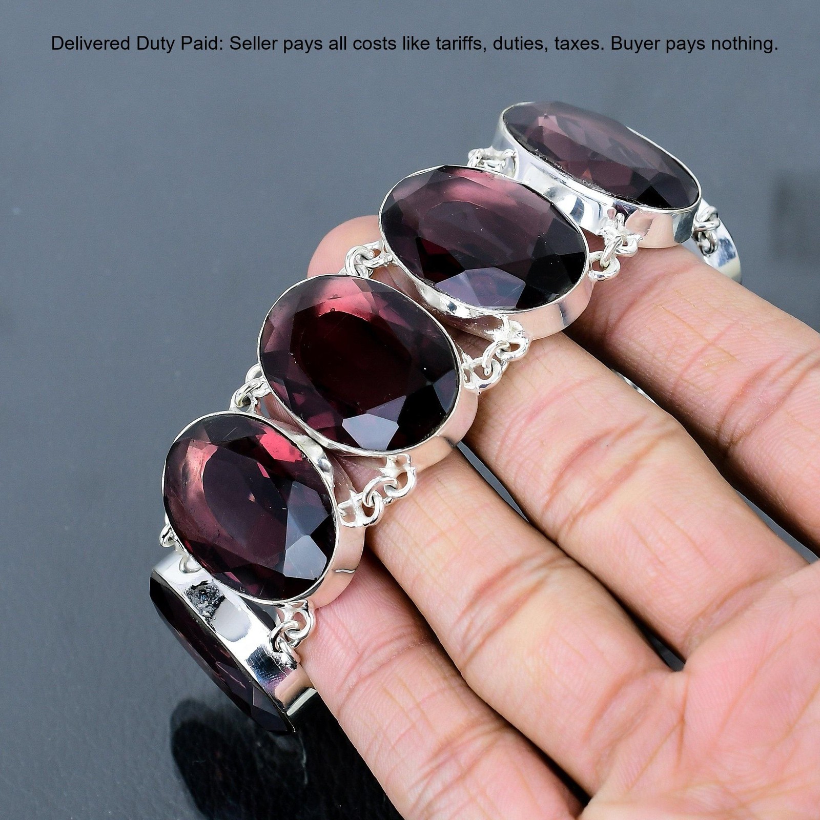 925 Silver Oval Pink Amethyst Stone Bezel Birthday Chain Wife Elegant Bracelet