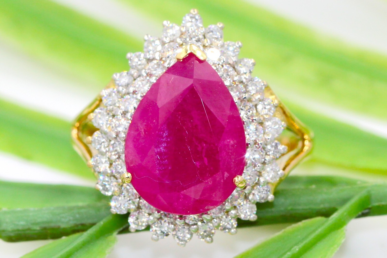 Natural Ruby Diamond 6.80 Carat 18K Yellow Gold Halo Cocktail Engagement Ring