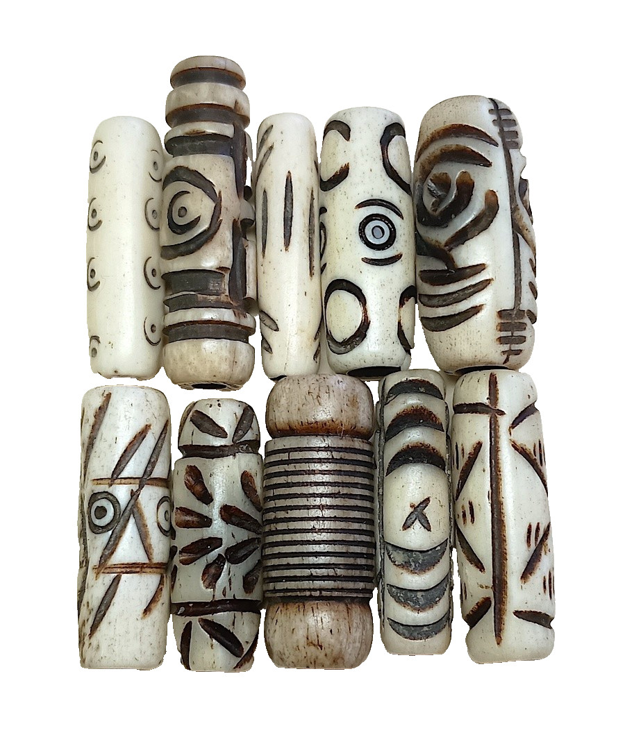 Buffalo Bone Beads, Asst Carved Designs, 8 Pcs, Apprx 23 mm, White, 2.5 mm Holes