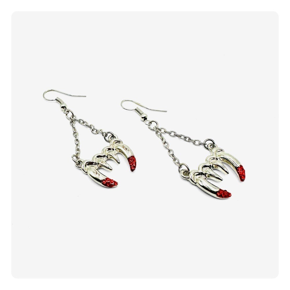 Vintage Vampire Fangs Halloween Fashion Forward Dangling Earrings Silver/Red
