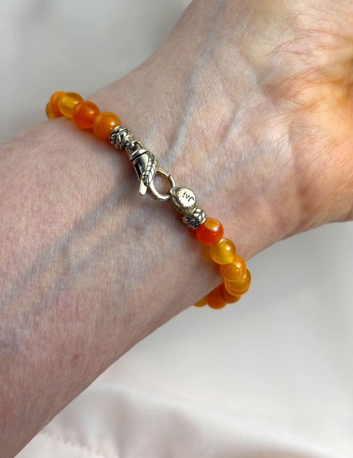 JAI Sterling Silver Orange Agate Bead Bracelet 7″ Long Size X-Small