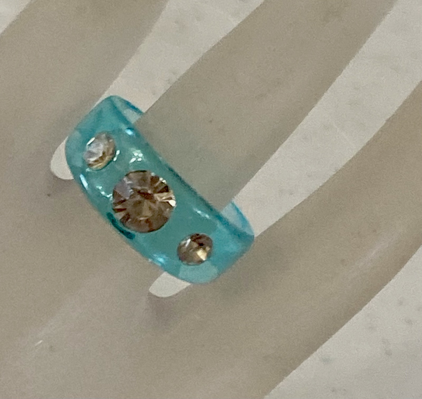 Lucite Blue Acrylic Plastic Ring Clear Rhinestones Size 6