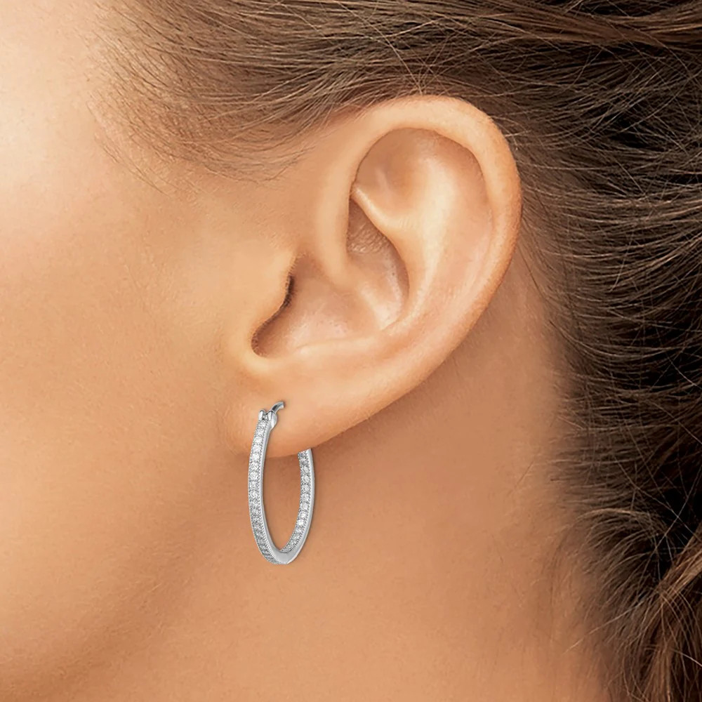 Sterling Silver Rhodium-Plated Micro Pavé CZ In/Out Hoops
