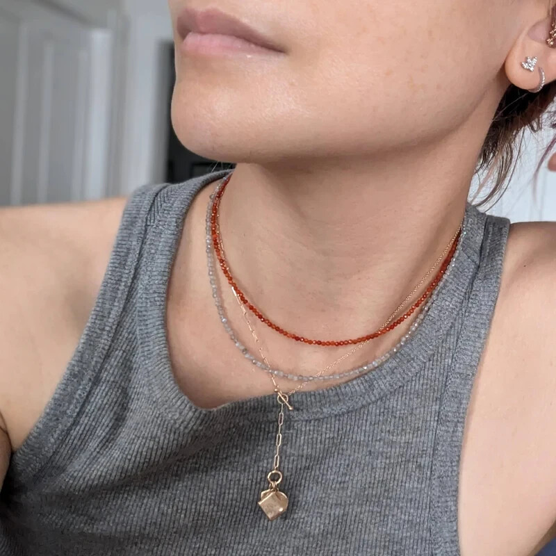 Handmade Carnelian Choker Necklace Tiny 2mm Beads, Sterling Silver Adjustable