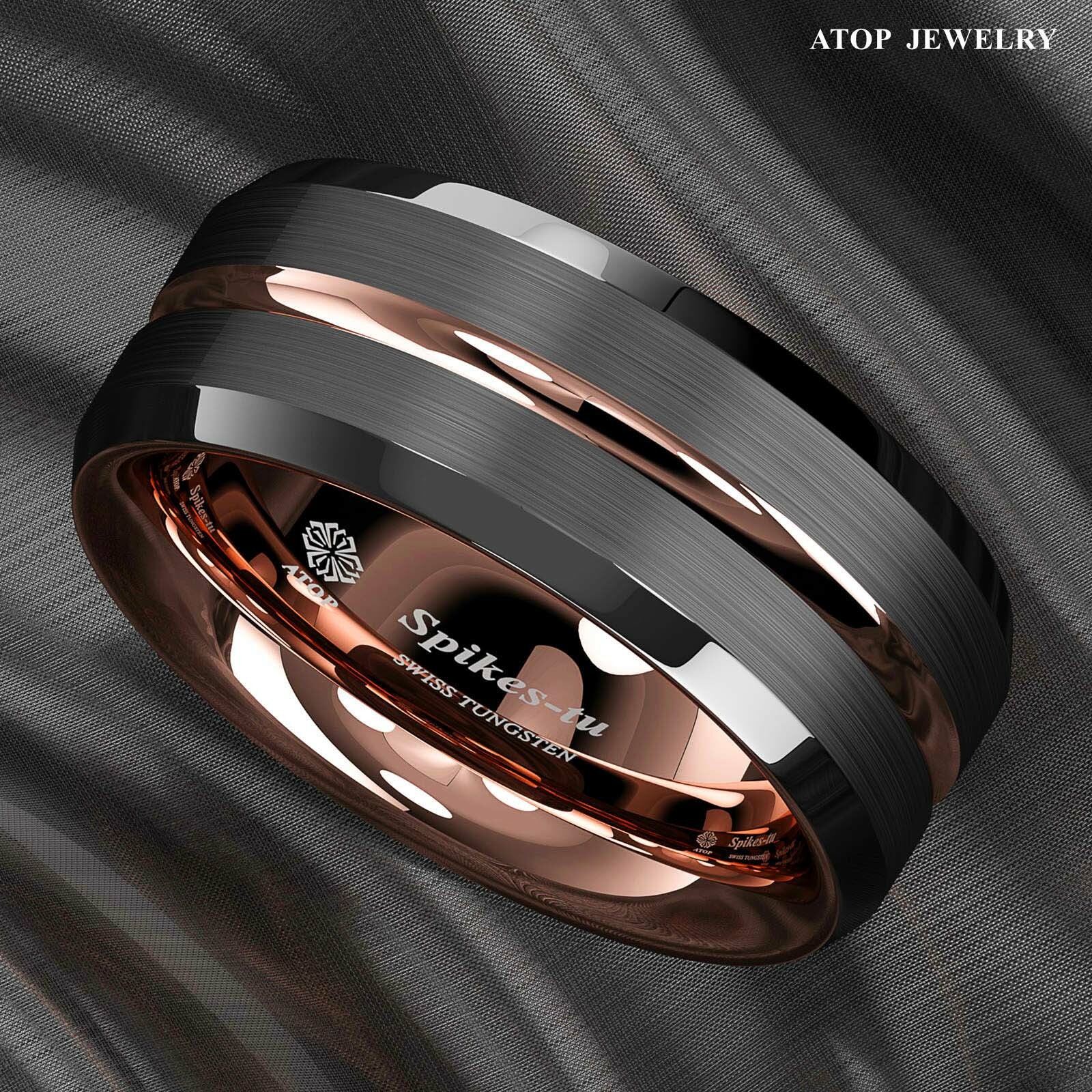8mm Black Brushed Rose Gold Plated Metal Tungsten Ring ATOP Men Wedding Band