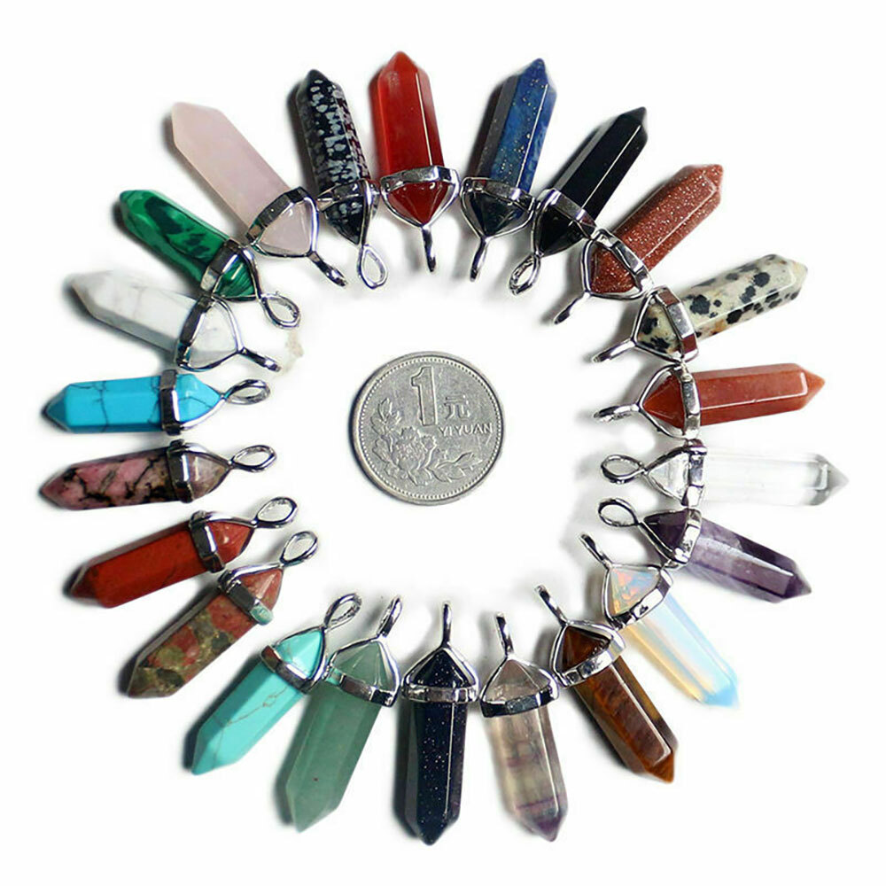 100Pcs Natural Crystal Necklace Pendant Gemstone Chakra Stone Healing Rope Chain