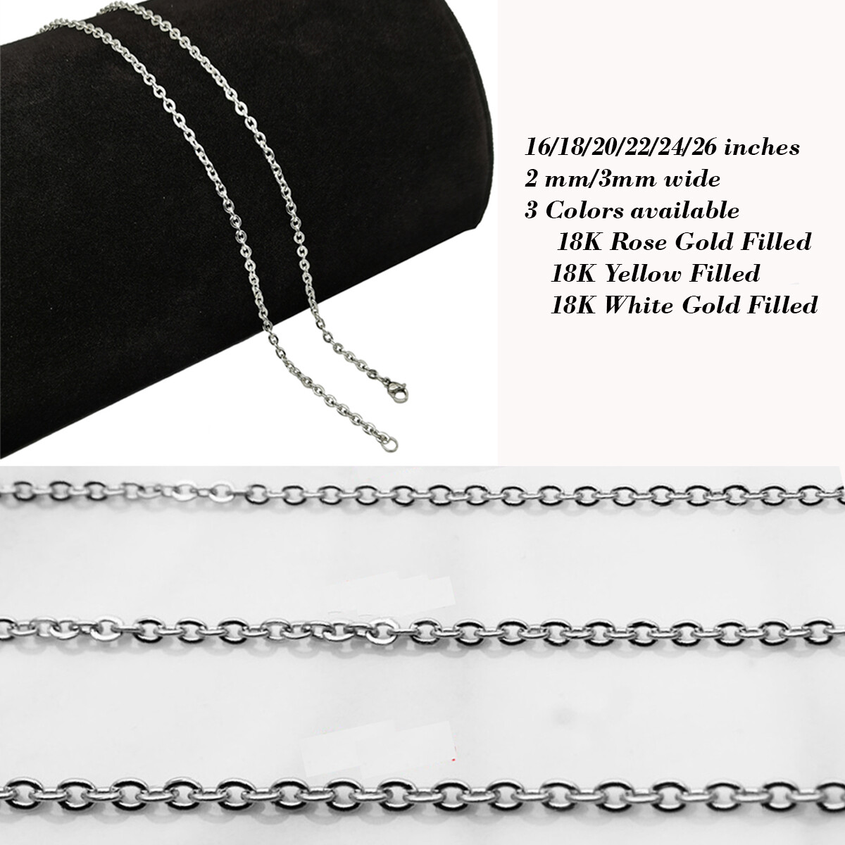Genuine 18K White Gold Filled Tarnish-Free 16″/18-26″ Cable Chain Necklace N146W