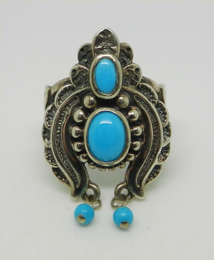 VINTAGE STERLING SILVER TURQUOISE NAJA RING SIGNED AW SIZE 6.25 – RARE -LB-C2342