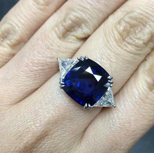 Trillion Cut White CZ & Cushion Cut Blue Sapphire Womens Silver Engagement Ring.