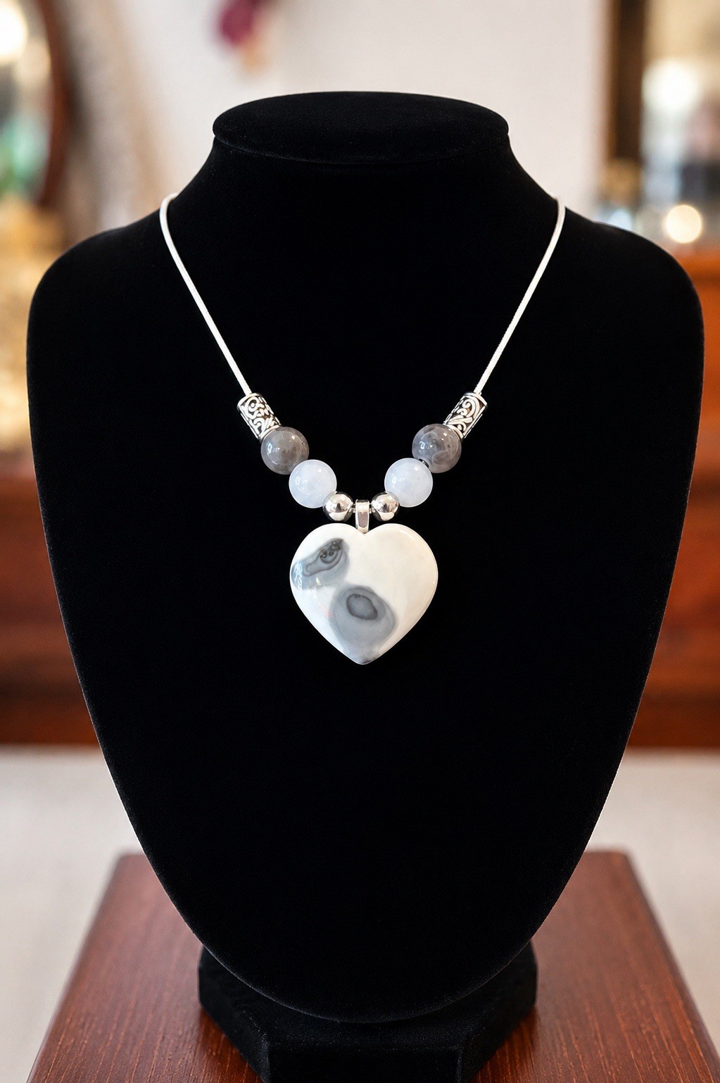 Silver snake chain Necklace, Jasper Heart Pendant w/ White & Gray Stone Beads