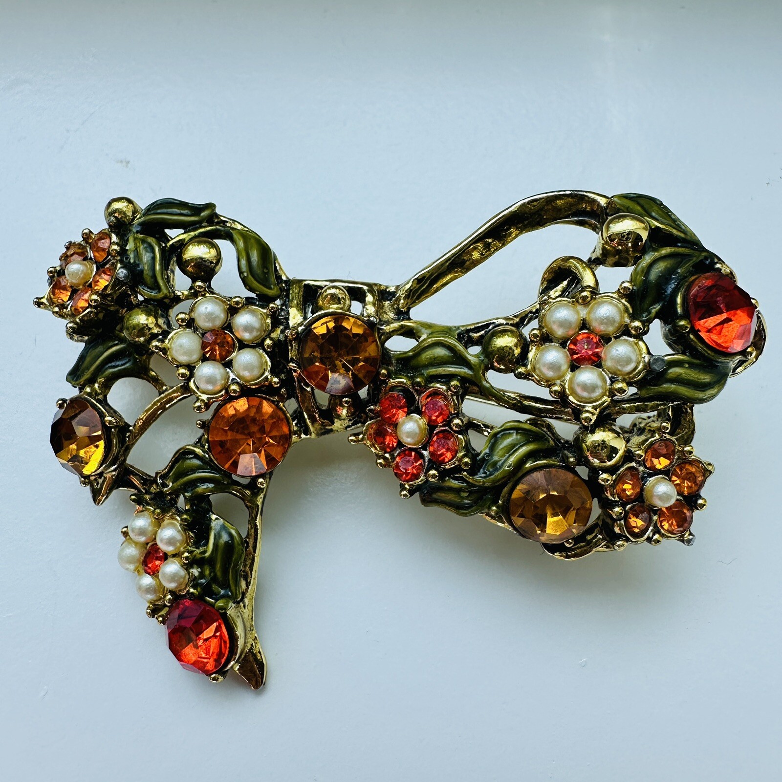 VTG Bow Brooch 2.5 Inch Floral Faux Pearl Rhinestone Crystal Multicolor Goldtone