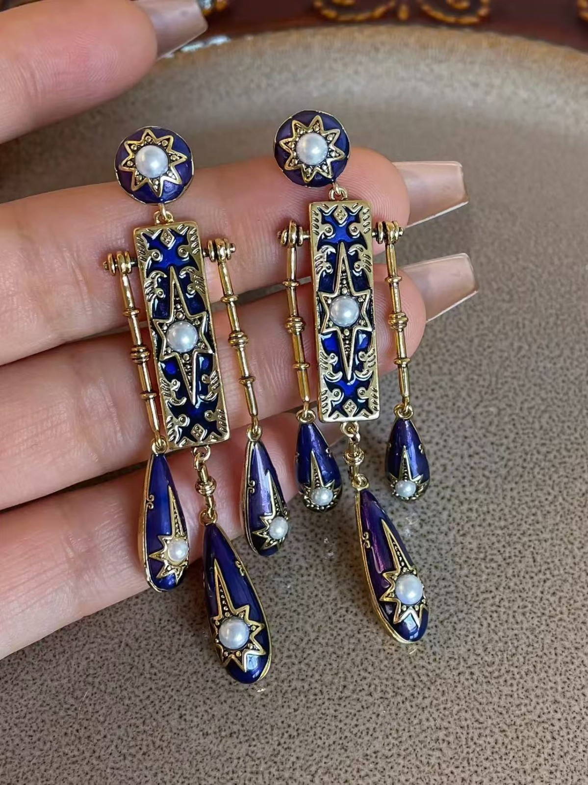 Vintage Blue Enamel Drop Earrings Pearl Gold Tone Dangle Statement Baroque
