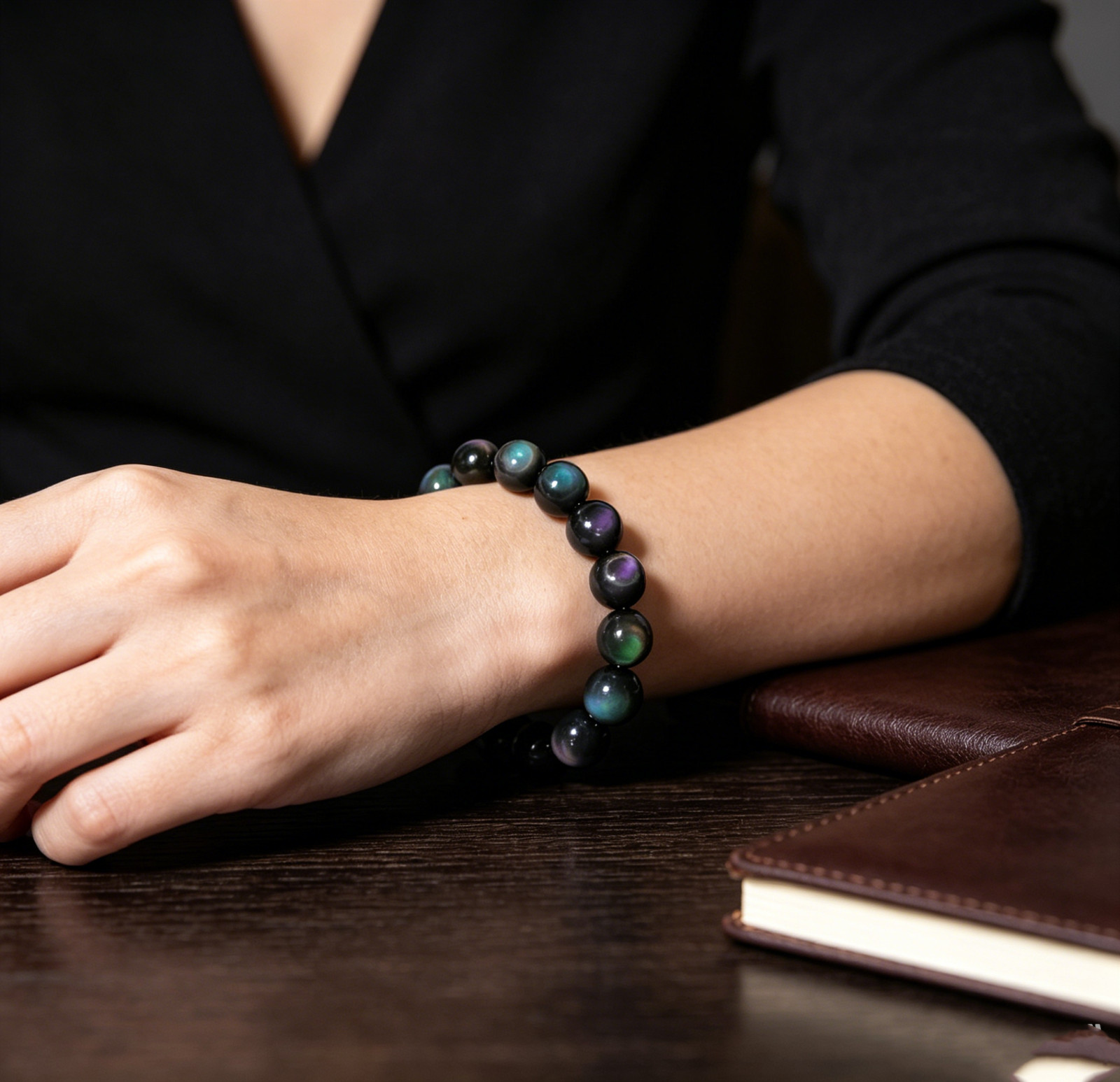 12mm Natural Rainbow Obsidian Beaded Stretch Bracelet Protection Grounding Gift