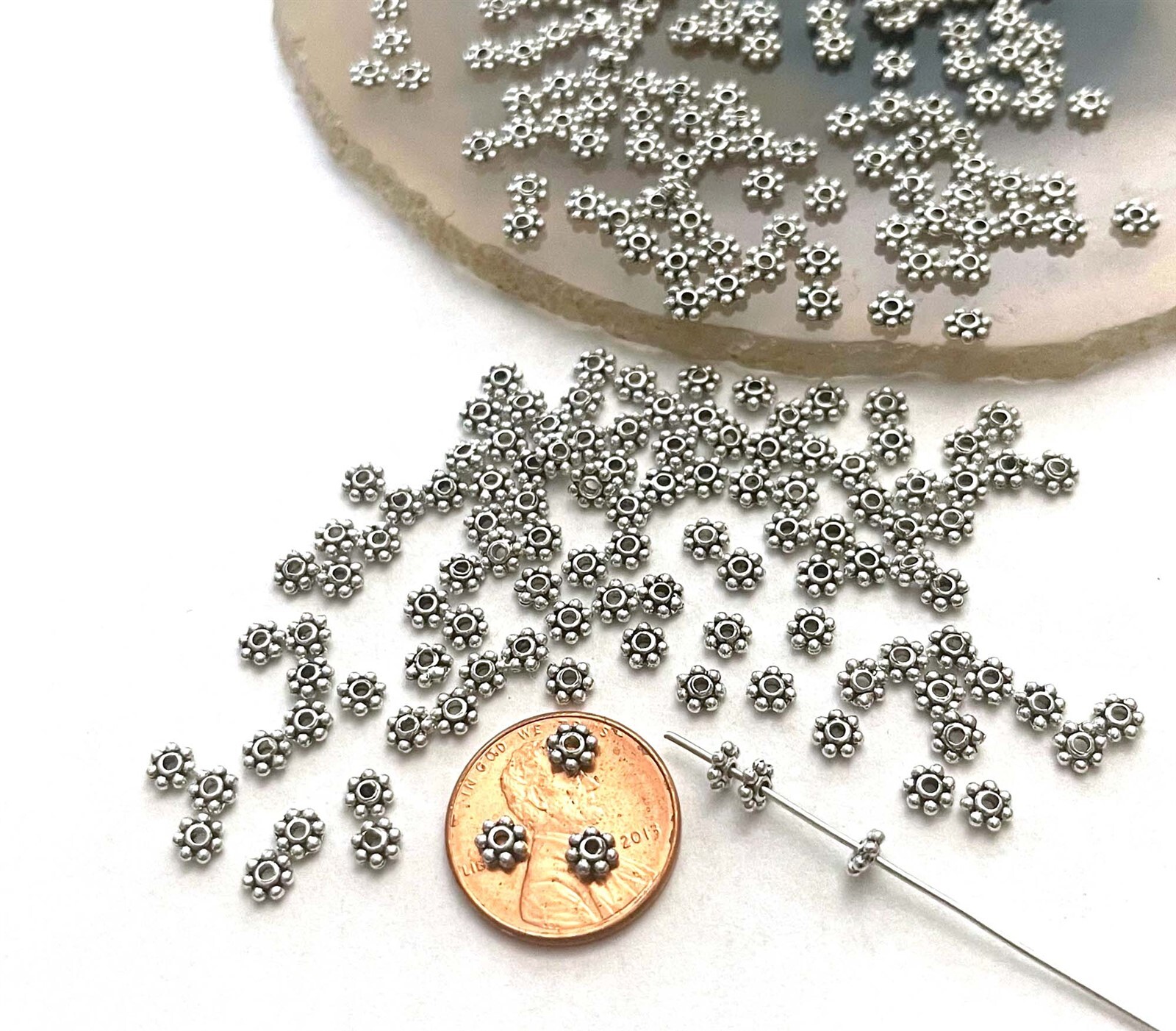 50 Antique Silver Pewter Daisy Flower Spacer Tiny Beads 4mm