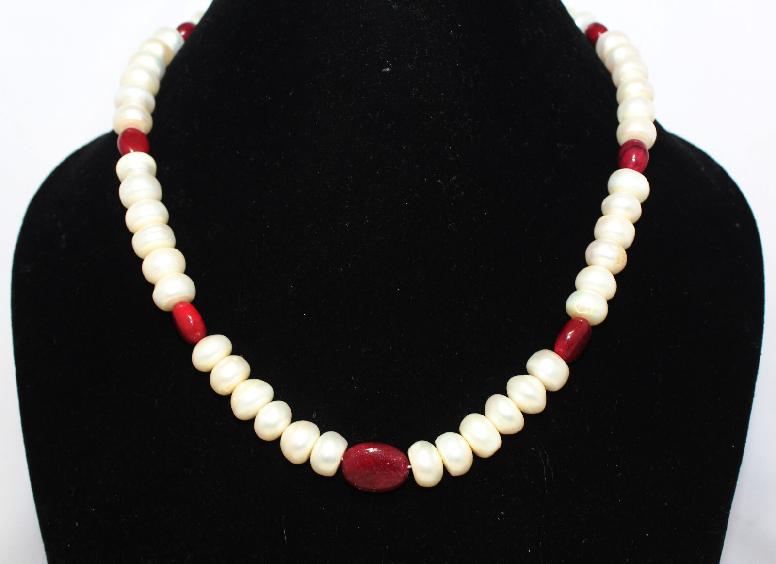 Designer Necklace Strand Ruby Manik Bead Gem Stone & Freshwater Pearl E977