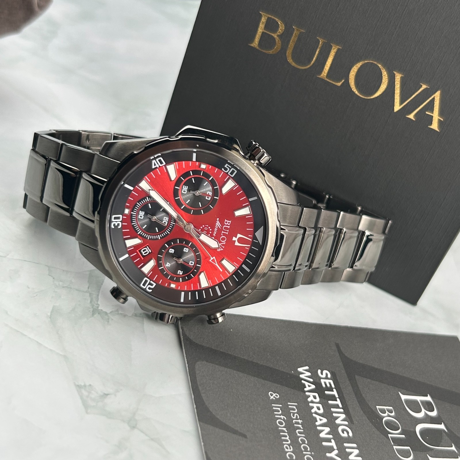 Bulova Marine Star 98B350 Red Dial Gray Band Chronograph Men’s Quartz Watch 43MM