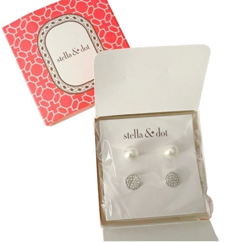 Stella & Dot earrings new sealed in box faux pearl silver discs lightweight NEW