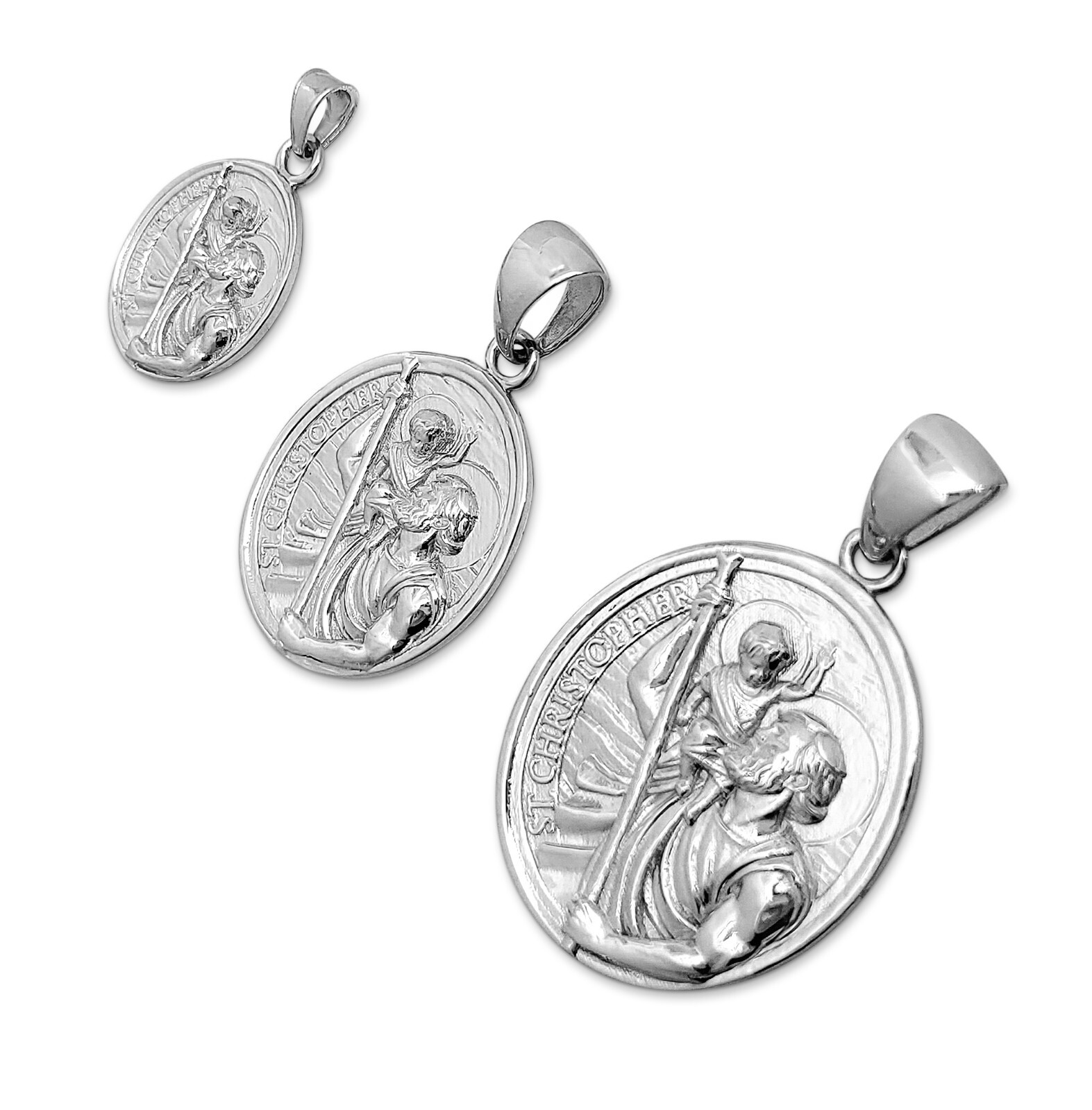 Real 18K White Gold Saint Christopher Pendant, Patron Saint Protective Medallion