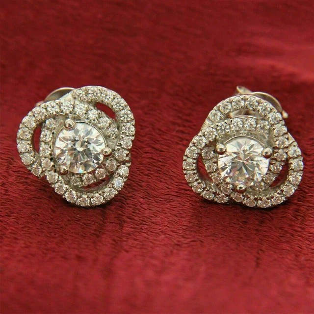 2 Ct Round Lab Created Diamond Cluster Knot Stud Earrings 14K White Gold Plated
