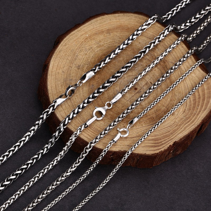 S925 Sterling Silver WHEAT SPIGA CHAIN Necklace Vintage Oxidized 2-4mm 20-26in
