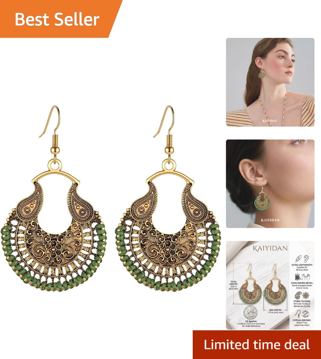 Boho Vintage Dangle Earrings: Handwoven Green Bronze for Everyday Elegance