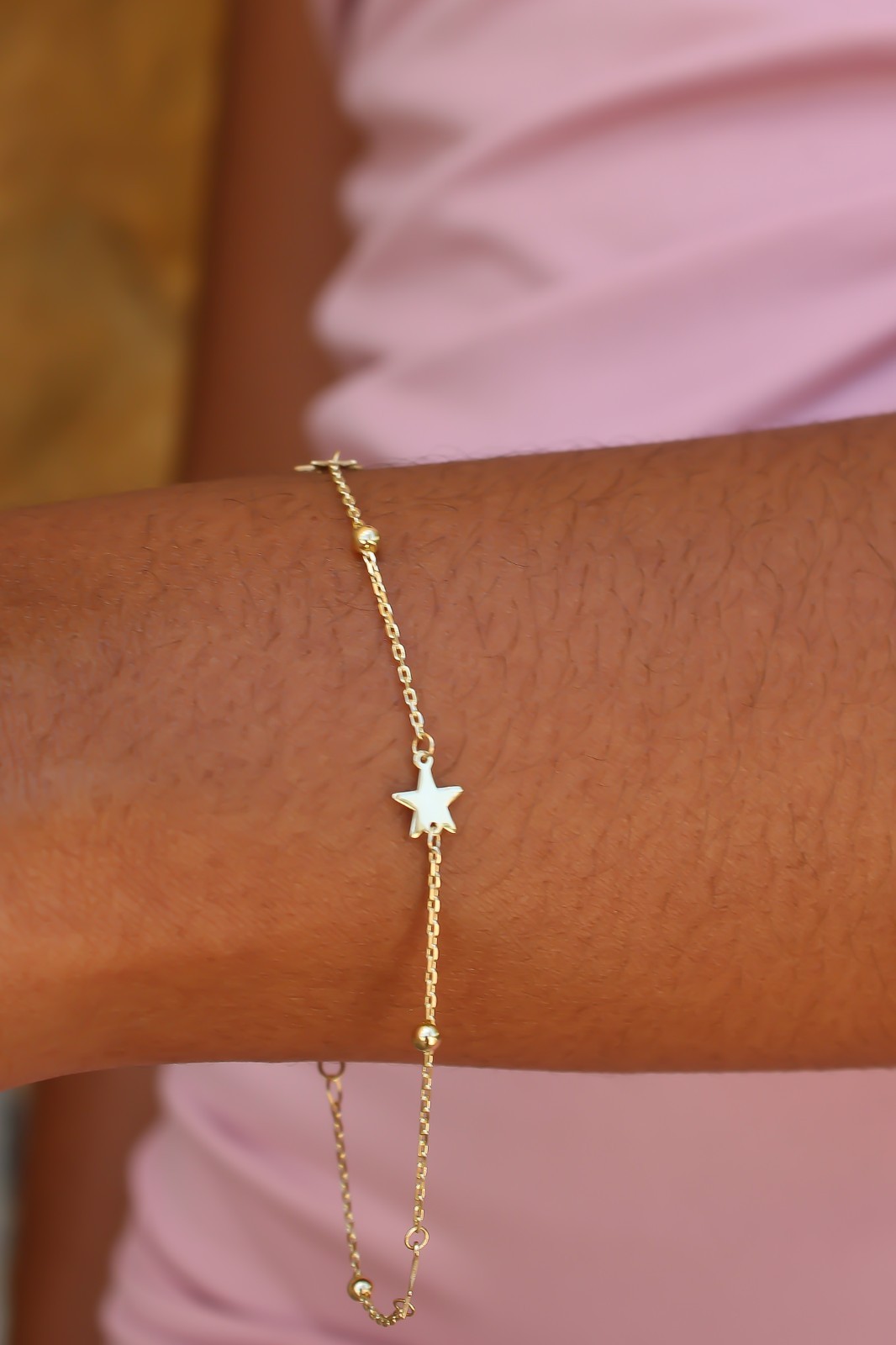 14k Solid Gold Dainty Star Bracelet Adjustable from 7″ to 7.5″ 1mm Cable Chain