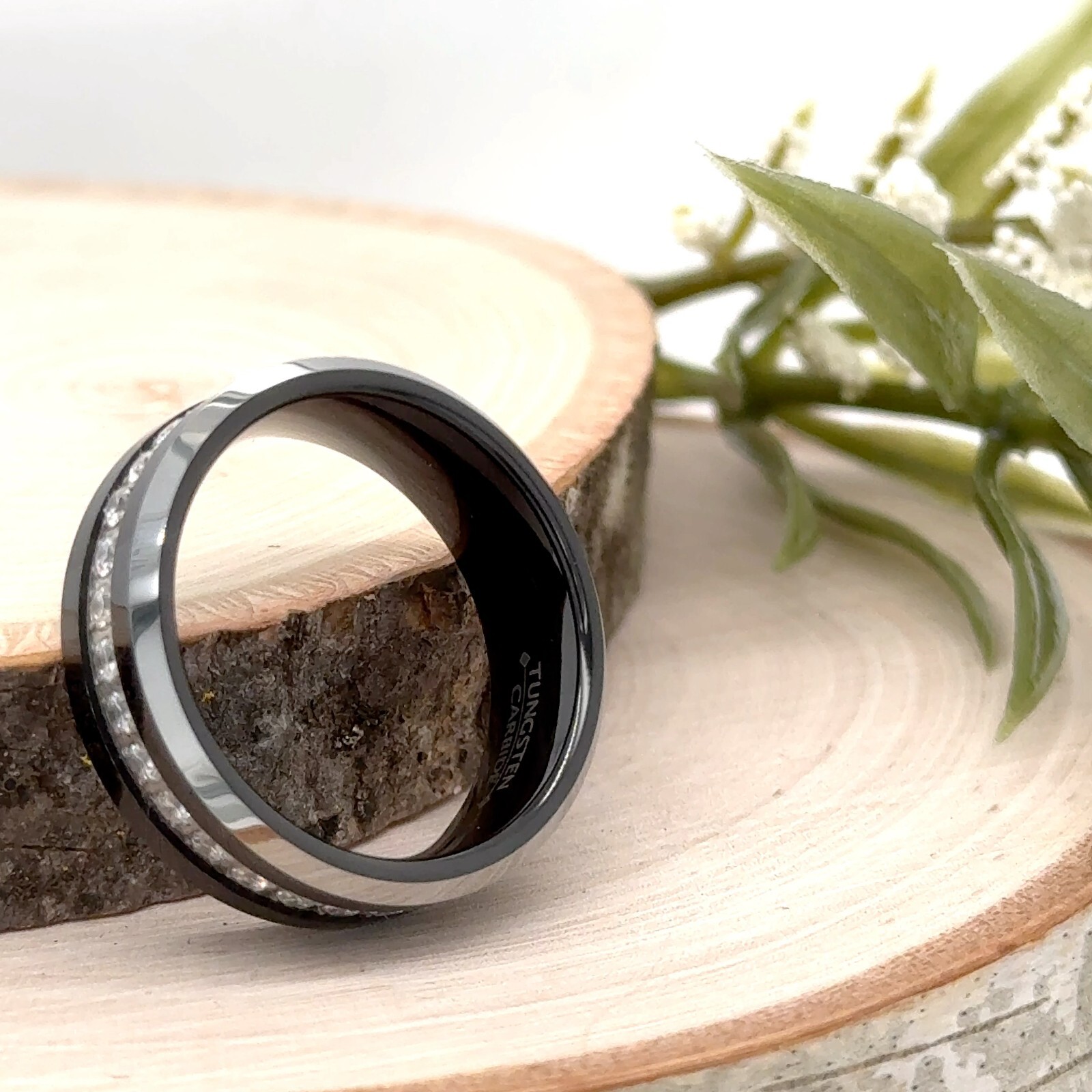 8mm Black & Silver Polished Titanium Ring Pipe Cut White CZ Christmas Gifts Ring