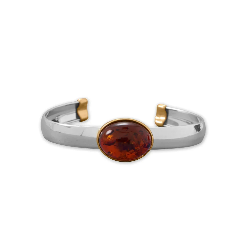 24 Karat Gold Plated Baltic Amber Flex Cuff Bracelet – .925 Sterling Silver-NEW